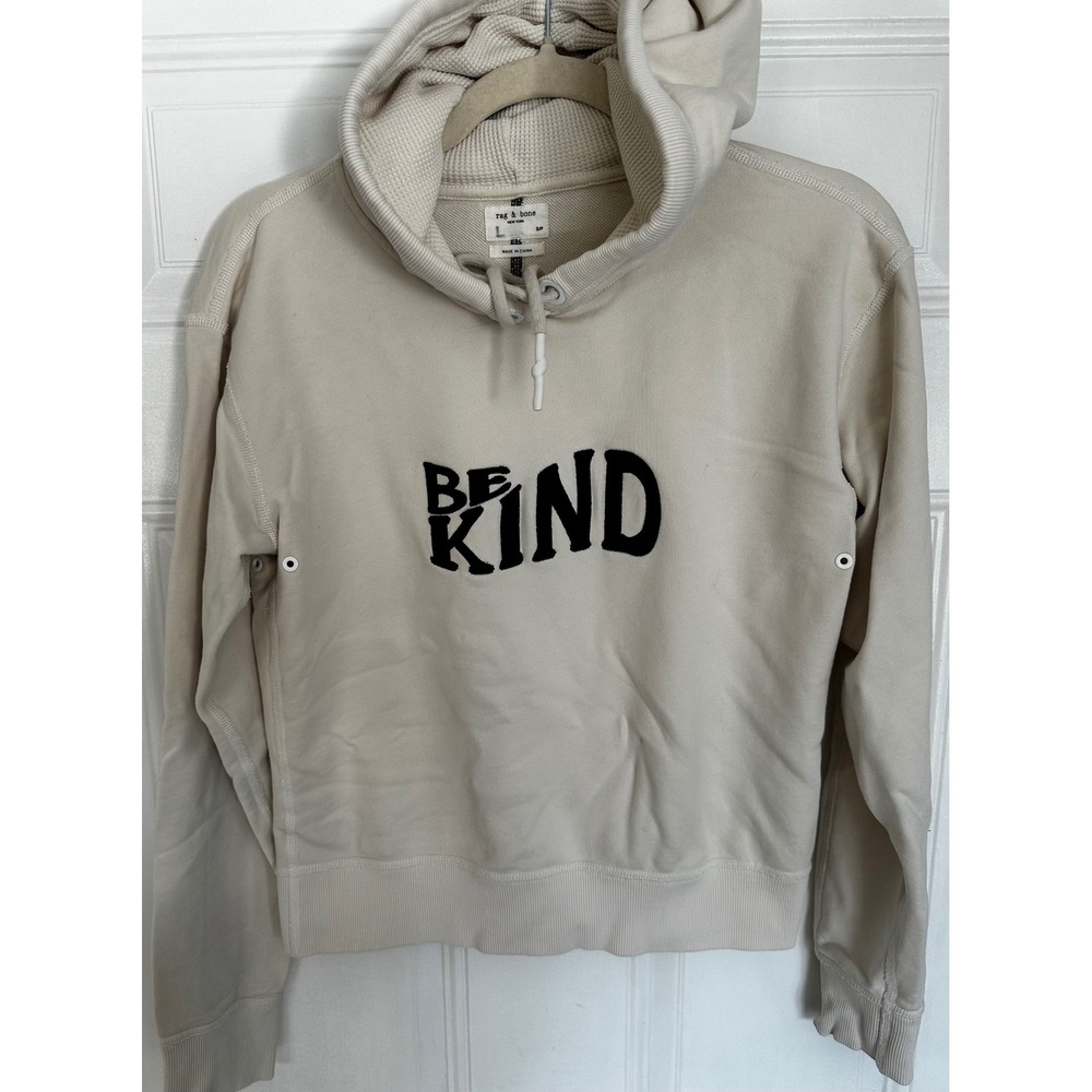 Rag & Bone Be Kind Graphic Hoodie Cream Beige Cotton Sweatshirt Large S
